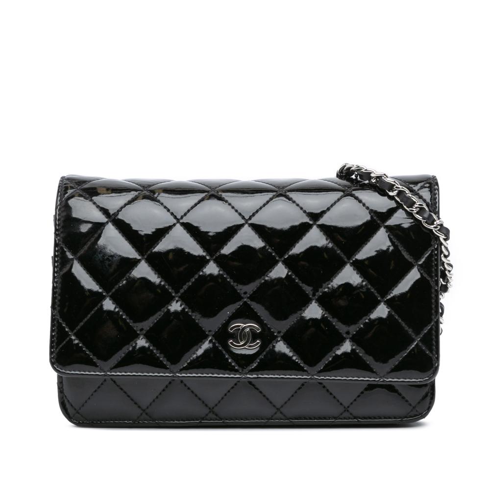 Chanel B Chanel Black Patent Leather Leather CC Quilted Patent Wallet On Chain France