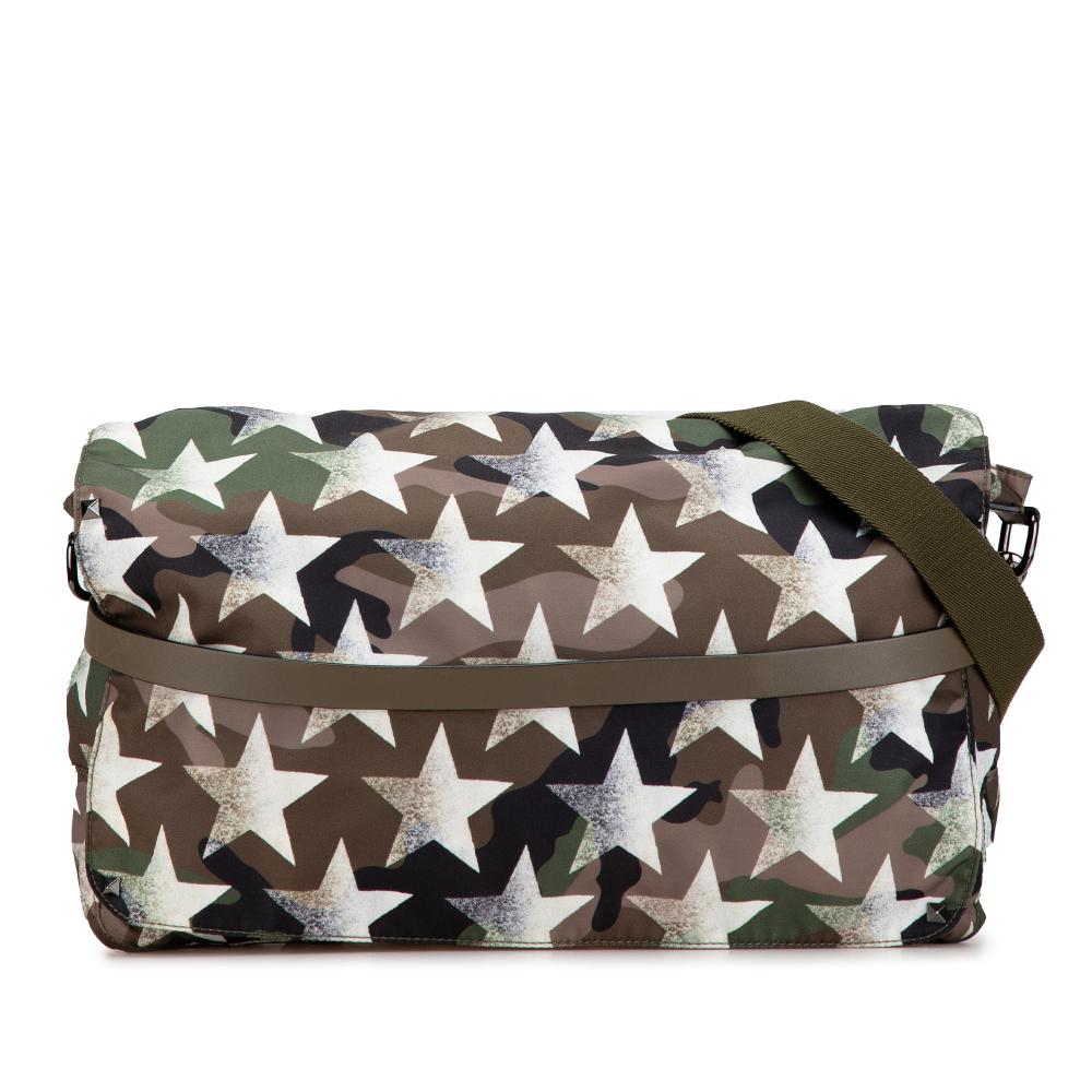 Valentino AB Valentino Green Olive Green Nylon Fabric Printed Camustars Rockstud Messenger Bag Italy