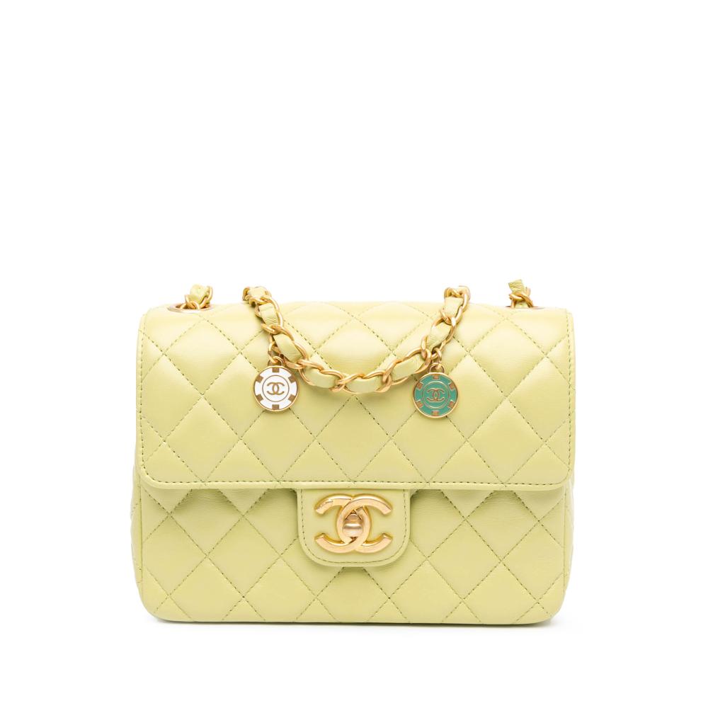 Chanel Green Mini Rectagular Classic Lambskin Casino Royale Charms Single Flap France