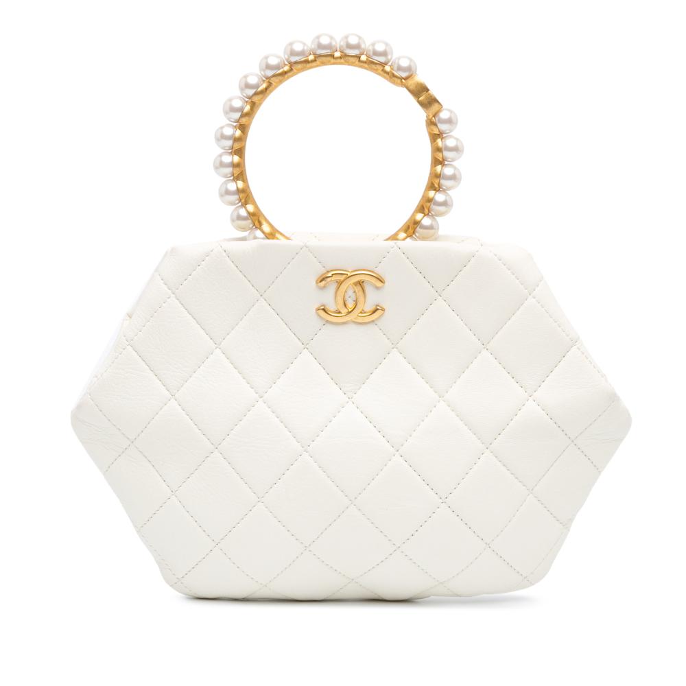 Chanel AB Chanel White Ivory Lambskin Leather Leather Quilted Lambskin Pearl Crown Handle Clutch Bag Italy