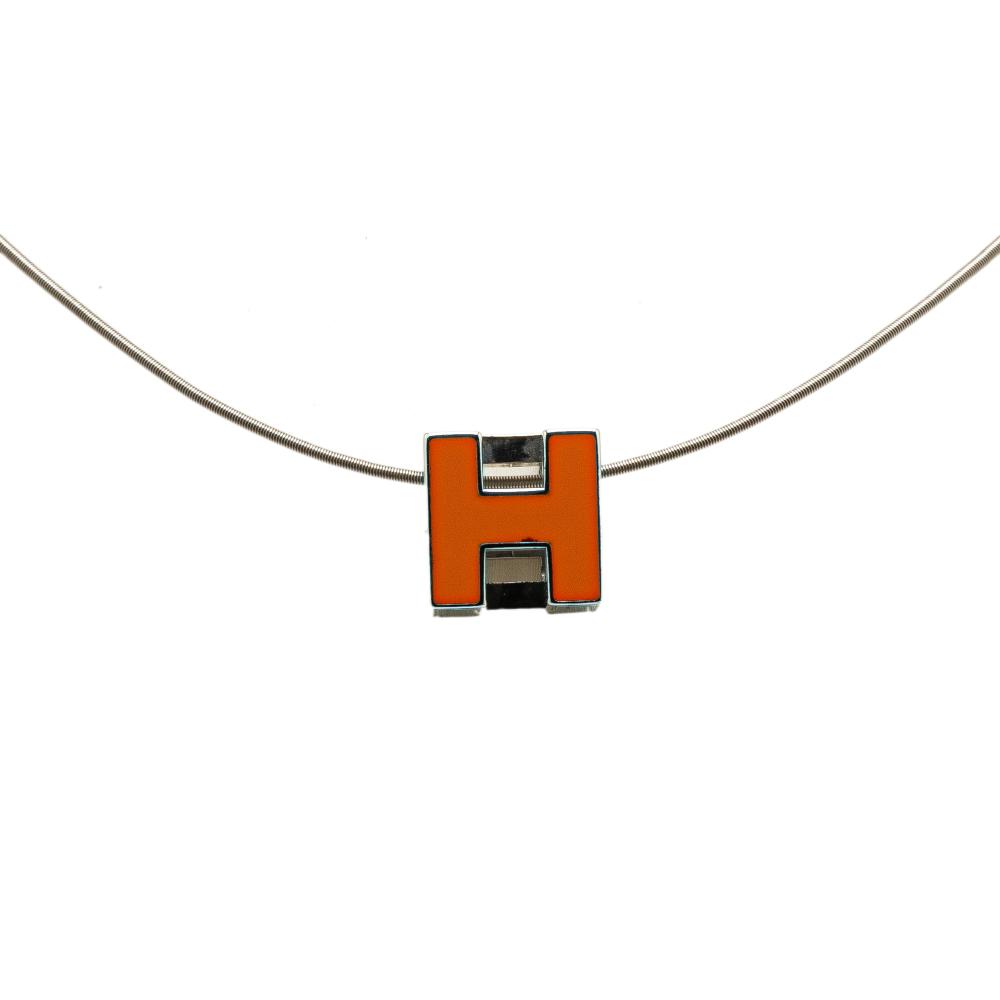 Hermès B Hermès Silver with Orange Palladium Metal Plated Cage dH Cube Necklace France