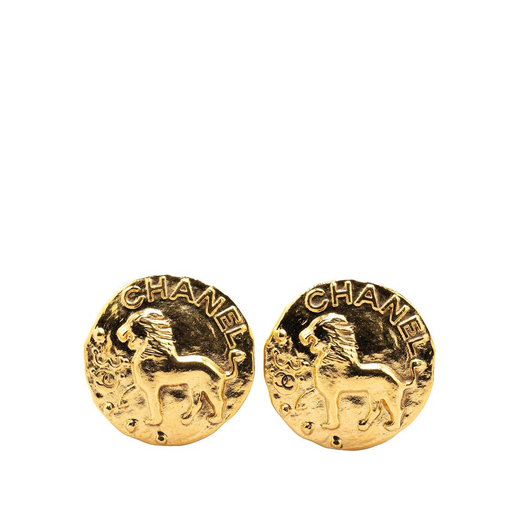 Chanel B Chanel Gold Gold Plated Metal Lion Round Clip on Earrings France