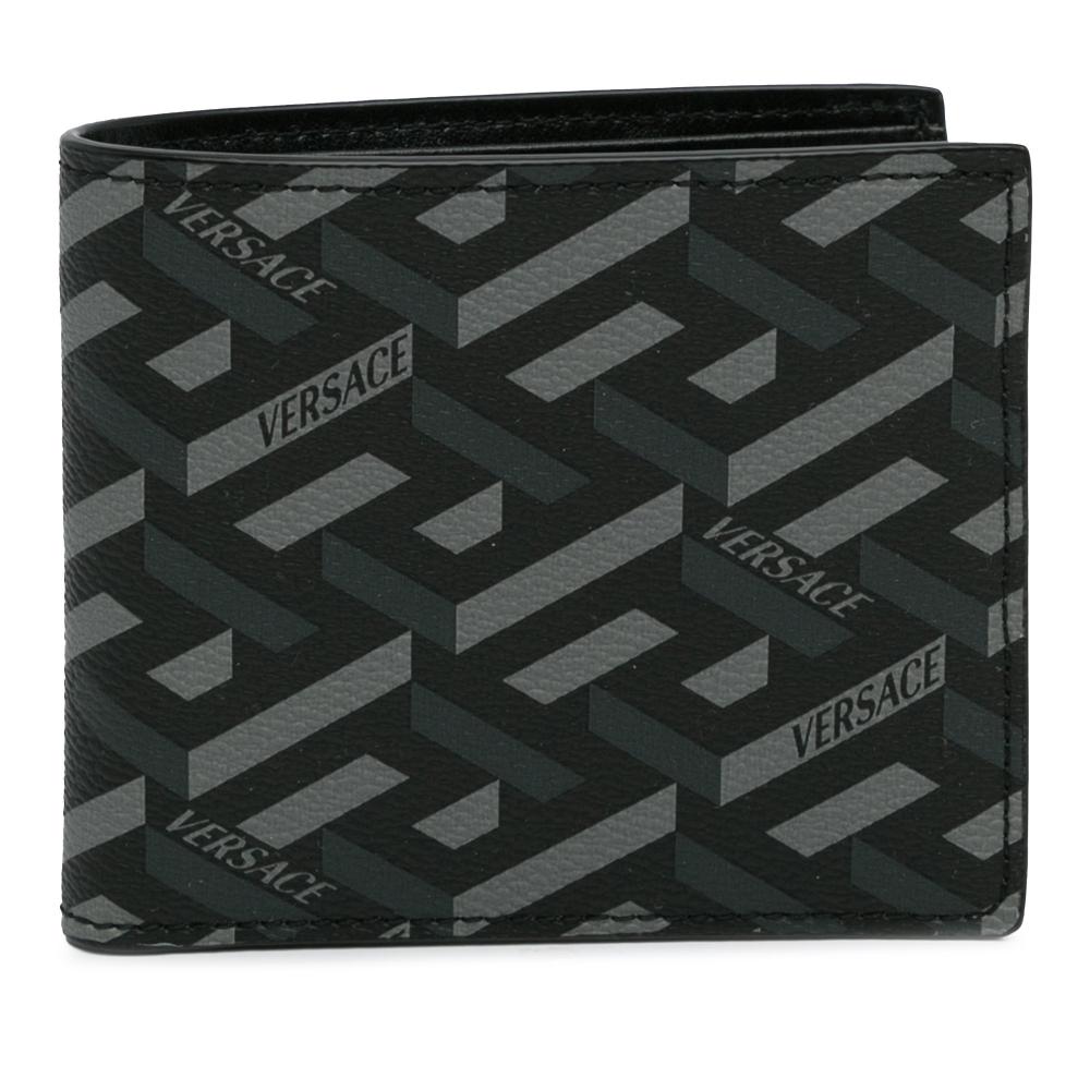 Versace AB Versace Black Coated Canvas Fabric La Greca Small Wallet Italy