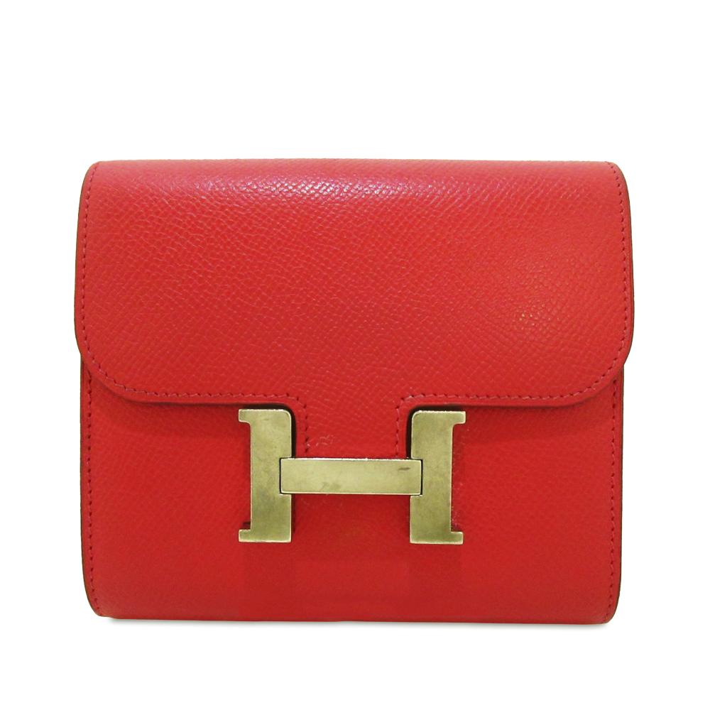 Hermès B Hermès Red with Gold Calf Leather Epsom Constance Compact Wallet France