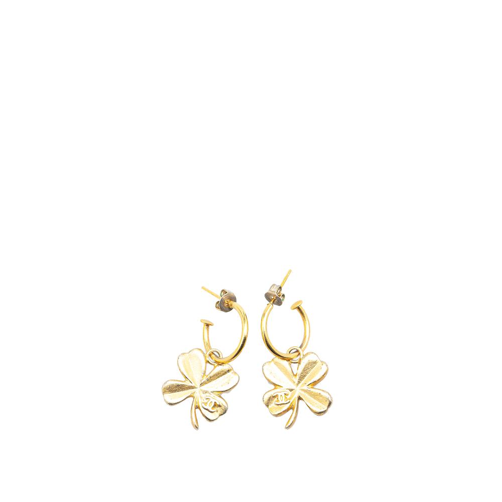 Chanel B Chanel Gold Gold Plated Metal Clover Hoop Push Back Earrings France