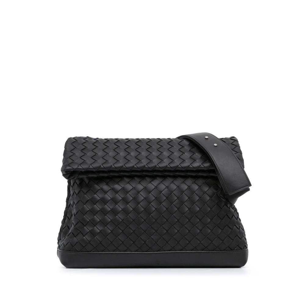 Bottega Veneta AB Bottega Veneta Black Nappa Leather Leather Nappa Intrecciato Fold Over Flap Crossbody Italy