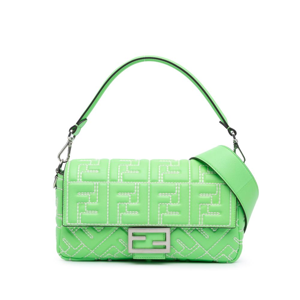 Fendi B Fendi Green Calf Leather Zucca Embossed Stitched Baguette Satchel Italy