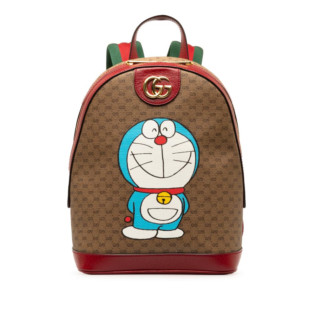 Gucci AB Gucci Brown Beige Coated Canvas Fabric Micro GG Supreme Doraemon Backpack Italy