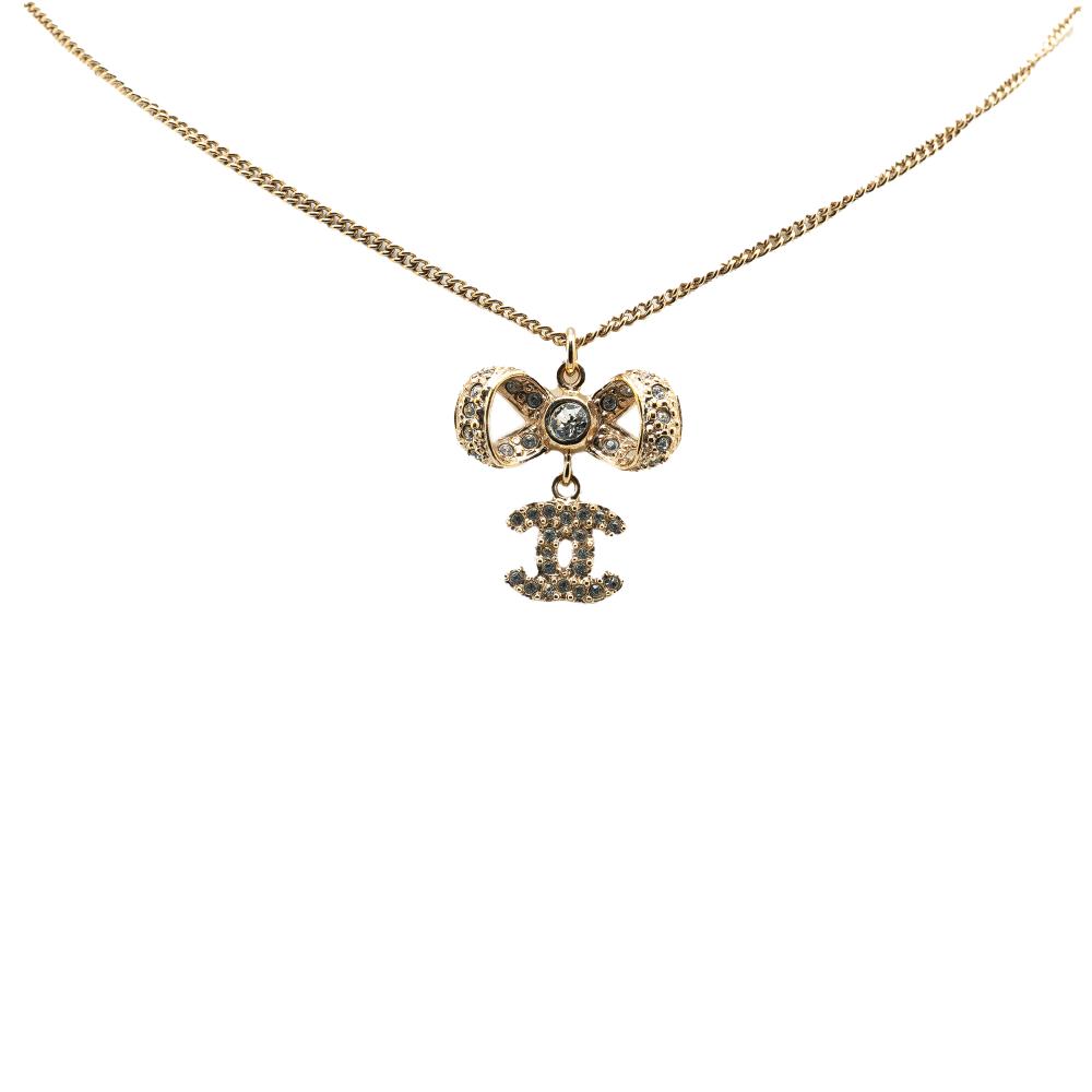 Chanel B Chanel Gold Gold Plated Metal CC Bow Crystal Pendant Necklace Italy