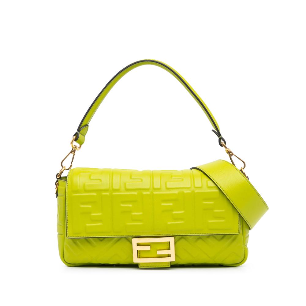 Fendi AB Fendi Green Lime Calf Leather Zucca Embossed Baguette Satchel Italy