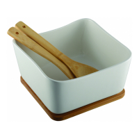 Aulica Salad Bowl Set, Porcelain Dish On Bamboo Tray With Salad Server