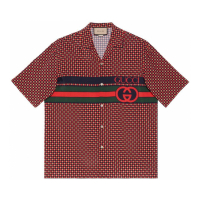 Gucci Men's 'Red Geometric Houndstooth Bowling' Short sleeve shirt