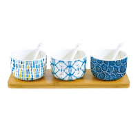 Easy Life Bamboo Dipping Set W/3 Porc.Bowls & Spoons In C.B. Shibori