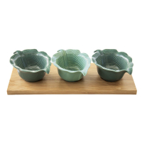 Easy Life Aperitif Set With Bamboo Tray And 3 Leaf-Shaped Porcelain Bowls In Mada Color Box