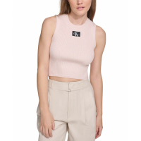Calvin Klein Jeans Women's 'Ribbed Angled-Hem Logo' Crop Top