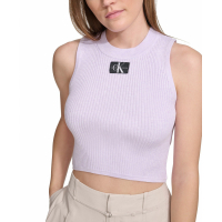 Calvin Klein Jeans Women's 'Ribbed Angled-Hem Logo' Crop Top