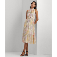 LAUREN Ralph Lauren Robe Midi 'Floral Crinkle Georgette Tie-Neck' pour Femmes