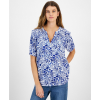 Tommy Hilfiger Printed Smocked-Shoulder Short-Sleeve Top pour Femmes