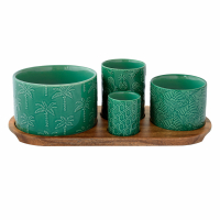 Easy Life Appetizer Set With 4 Round Porcelain Bowls On Acacia Tray In Tropicana Color Box