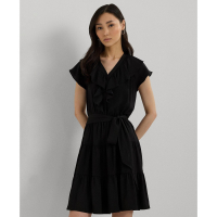 LAUREN Ralph Lauren Women's Belted Ruffle-Trim Satin Tiered Dress