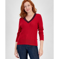 Tommy Hilfiger Contrast Stripe V-Neck Cable Knit Sweater pour Femmes