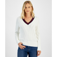 Tommy Hilfiger Contrast Stripe V-Neck Cable Knit Sweater für Damen