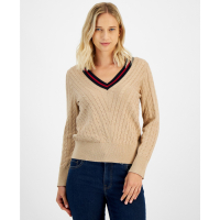 Tommy Hilfiger Contrast Stripe V-Neck Cable Knit Sweater für Damen