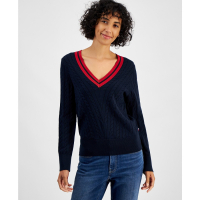 Tommy Hilfiger Contrast Stripe V-Neck Cable Knit Sweater pour Femmes