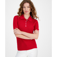 Tommy Hilfiger Ribbed Short-Sleeve Polo Sweater pour Femmes