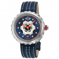 Gevril Men's Motorcycle SS Case, Blue Dial, Red Hands, Genuine Handmade Italian Leather Blue/White Strap Watch