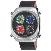 Gevril Men's Quattro Zone, SS Case, Black Dial, 4 Time Zone, Sub Dial, Black W/Blue & Red Stitching Watch