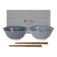 Tokyo Design Set De 2 Bols + Baguettes Nippon Black En Porcelaine Blanc/Bleu