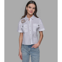 Karl Lagerfeld Paris 'Short Sleeve Floral Sparkle Camp Poplin Shirt' pour Femmes