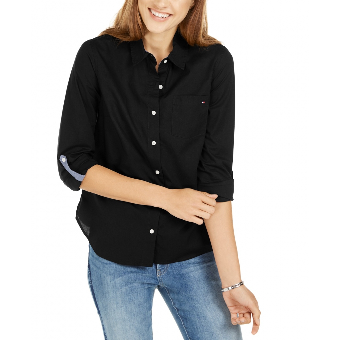 Cotton Roll-Tab Button-Up Shirt pour Femmes