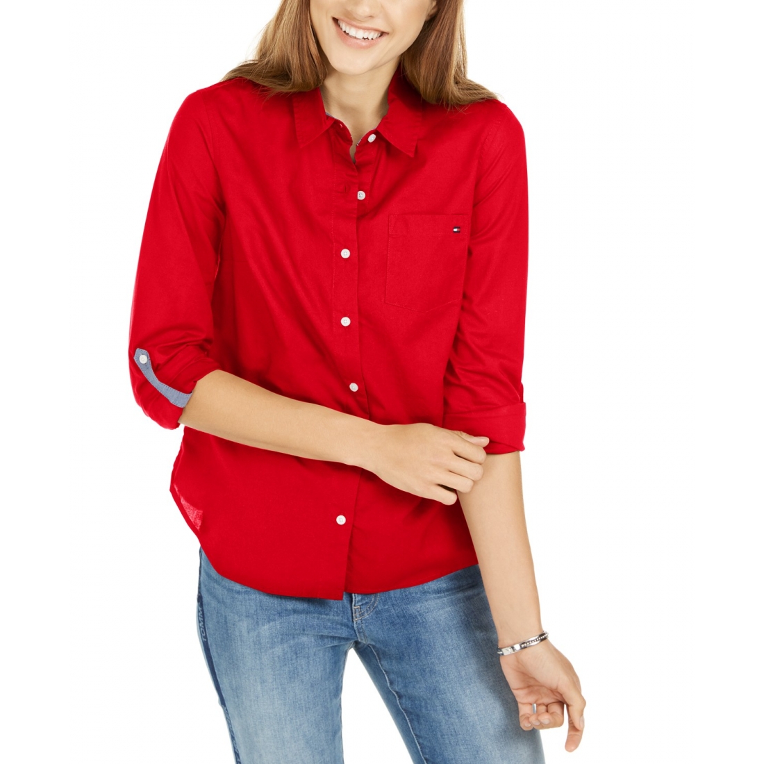 Cotton Roll-Tab Button-Up Shirt für Damen