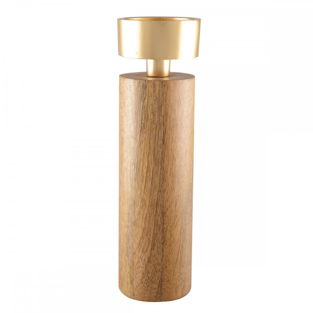 Wood & Gold Metal Candle Holder 27Cm