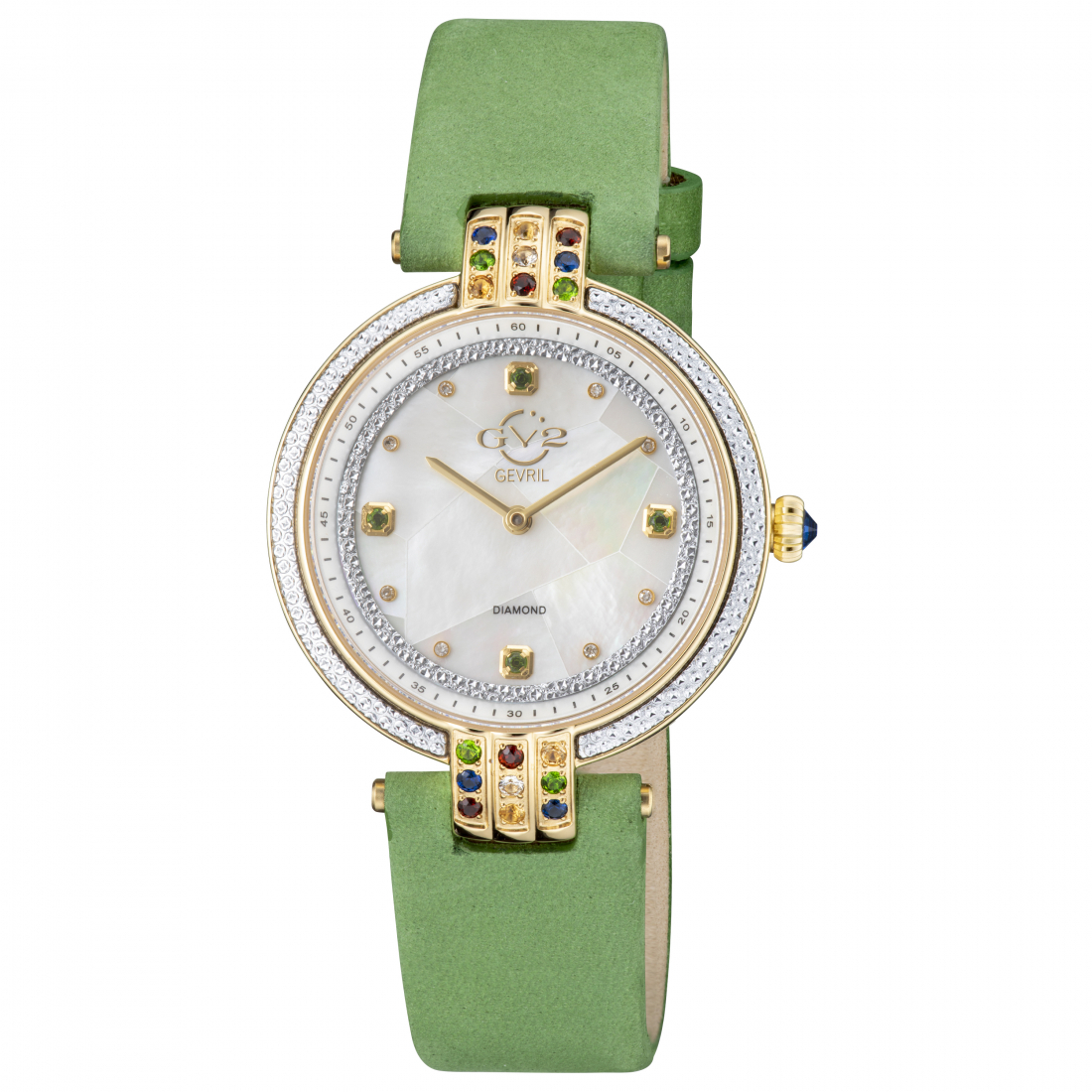 Women's Matera Swiss-Made Quartz White MOP Dial Green Handmade Italian Suede Diamond Watch