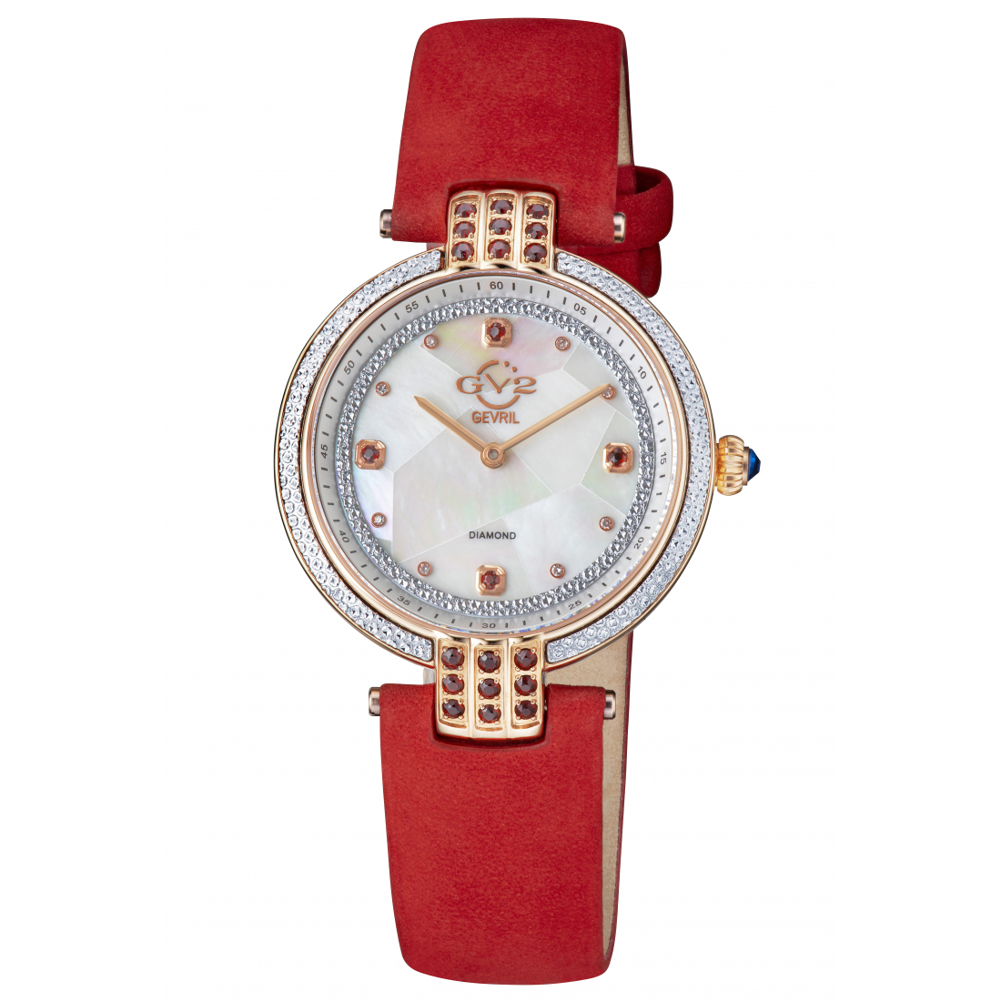 Gv2 Matera Women's Swiss Quartz White Mother Of Pearl Dial Red Suede Strap Diamond Watch