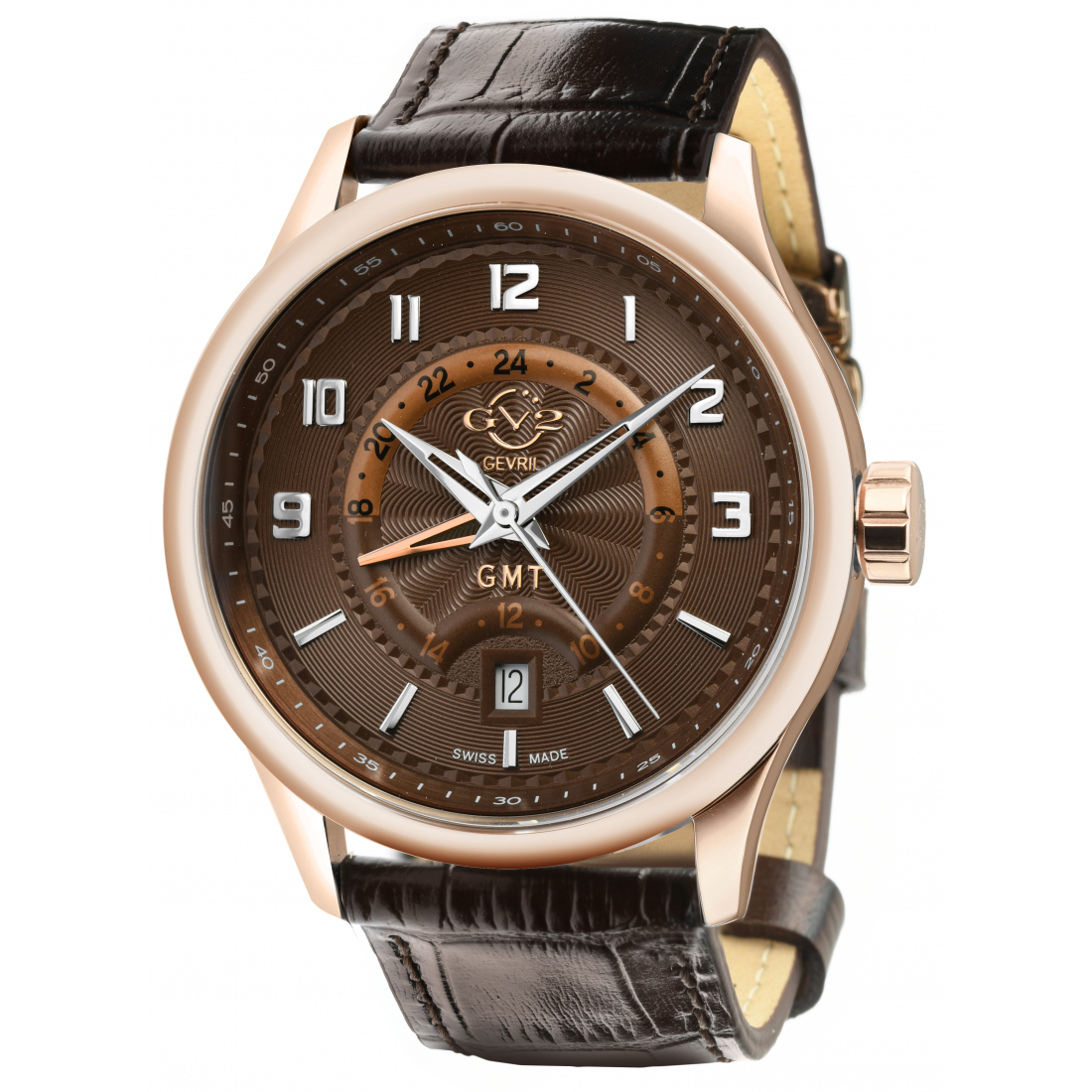 GV2 Montre Giromondo pour homme, cadran marron, cuir de veau marron