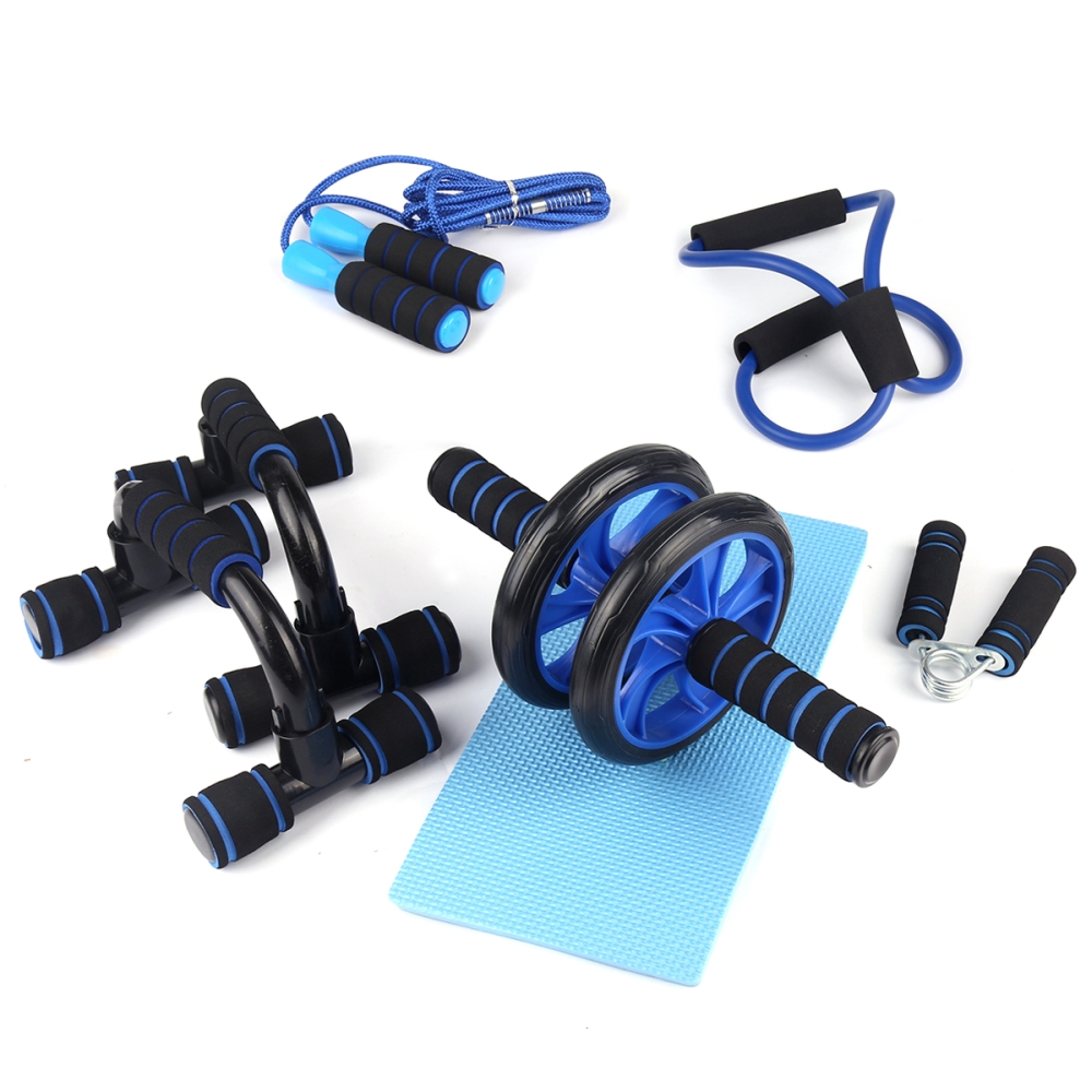 'Kit' Armtrainer, Fitness Roller, Mittleres Fitnessband, Push-up Griffe, Springseil, Teppich