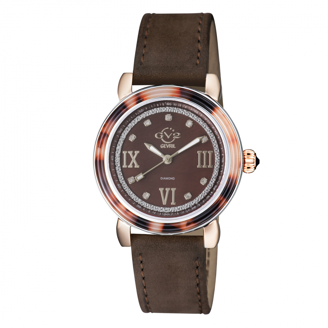 GV2 Women's Marsala Tortoise Mother Of Pearl Dial, Brown Suede Strap Watch