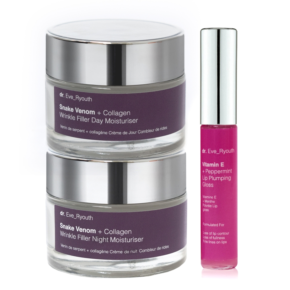 'Snake Venom & Collagen Wrinkle Filler + Vitamin E and Peppermint' Day Moisturiser, Lip Plumper, Night Moisturiser - 3 Pieces