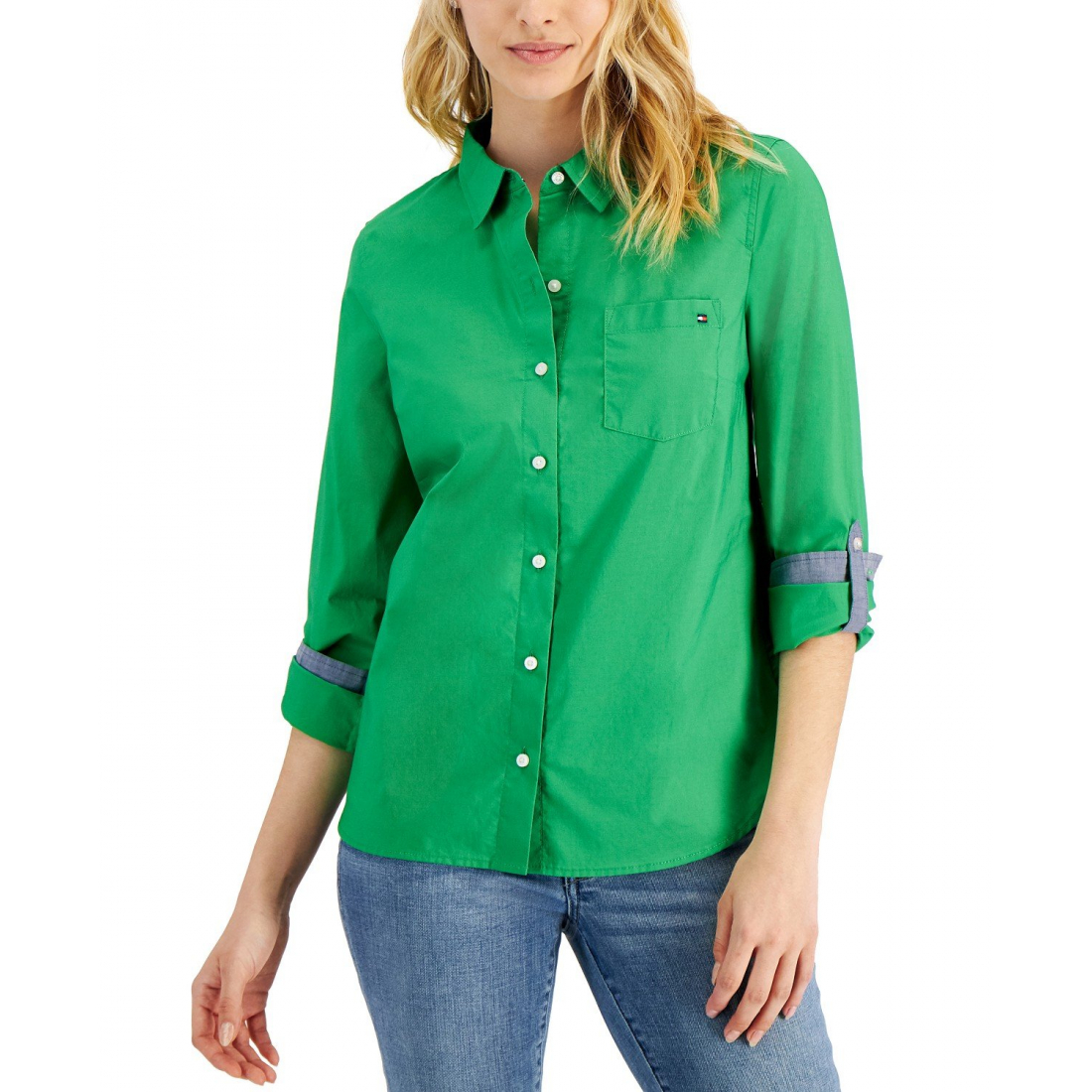 Cotton Roll-Tab Button-Up Shirt für Damen