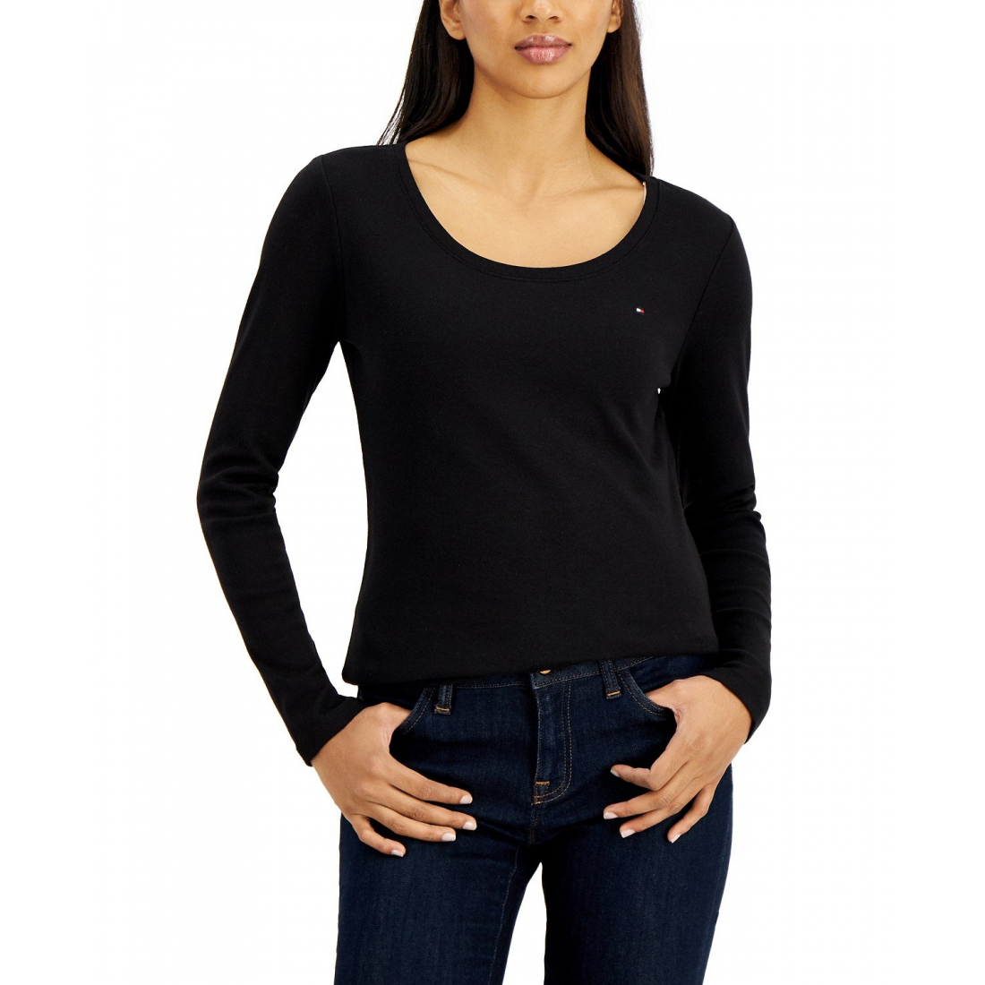 Solid Scoop-Neck Long-Sleeve Top für Damen