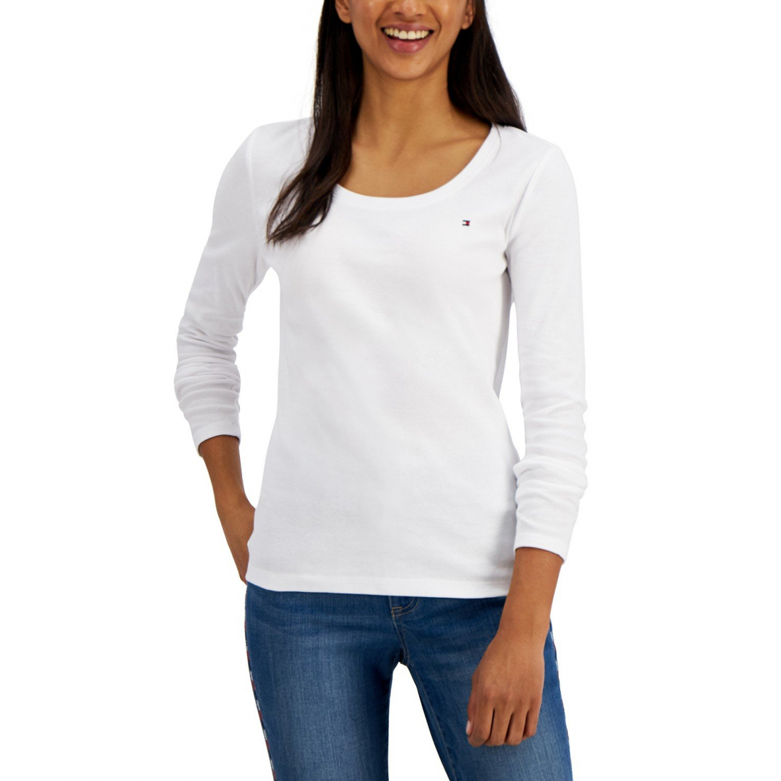 Solid Scoop-Neck Long-Sleeve Top pour Femmes