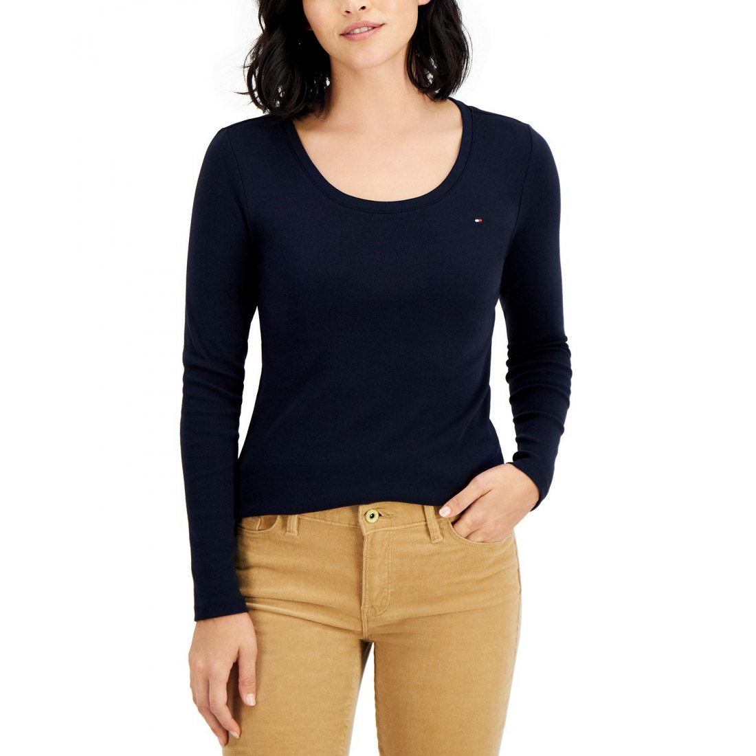 Solid Scoop-Neck Long-Sleeve Top pour Femmes