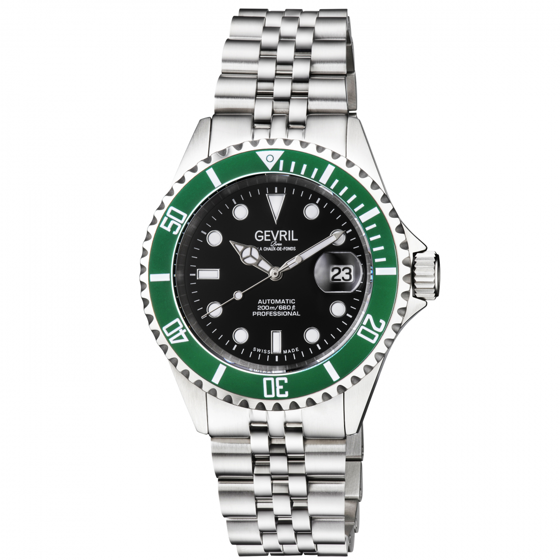 Men's Wall Street black Dial Green Bezel Stainless Steel Bracelet Watch