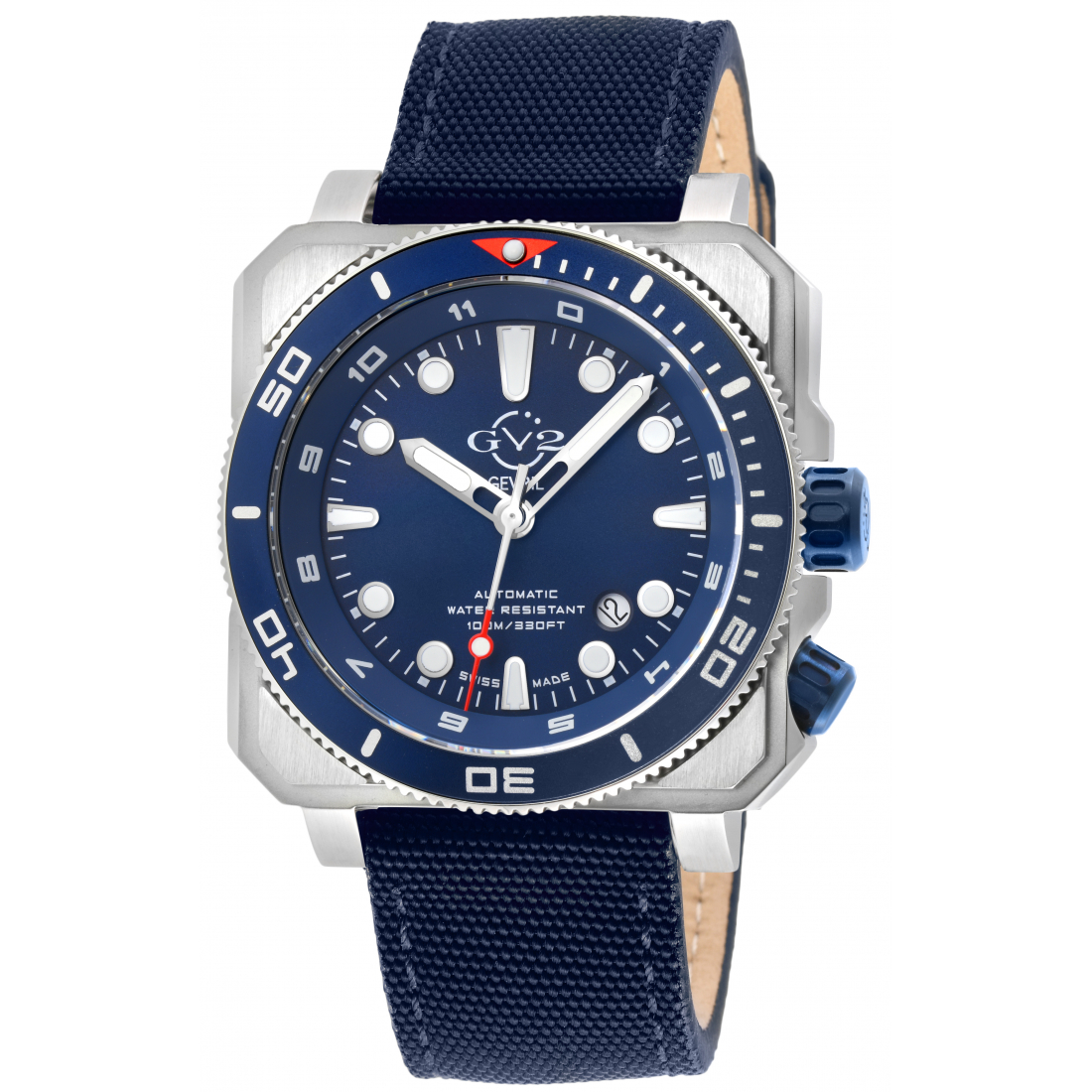 Men's XO Submarine, SS Case, SS/BLUE Bezel, Black Dial, Genuine Blue Canvas Strap Watch