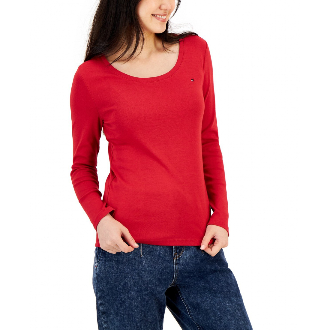 Solid Scoop-Neck Long-Sleeve Top pour Femmes