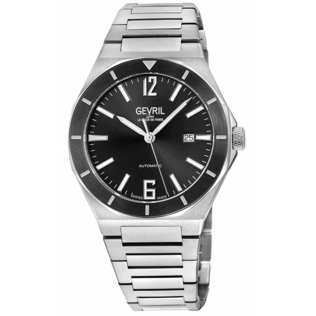 Gevril Men's High Line Automatic Watch Stainless Steel Case, Top ring in Black Sapphire Crystal, Stainless Steel Bracelet